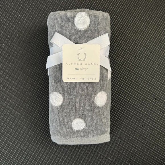 2 Alfred Sung Gray White Polka Dot Tip Towels Fingertip Eco Melange Reversible - Picture 1 of 2